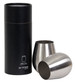 A set of two stemless stainless steel wine glasses in a cylindrical black box. The glasses have a sleek metallic finish.