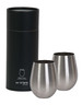 A set of two stainless steel stemless wine glasses in a black cylindrical packaging.