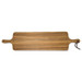A wooden tapas serving board in a light brown finish, featuring handles and a hanging loop.