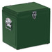 A green vintage cooler box with a metal clasp and handle, featuring a glossy finish. It has a logo on the front.