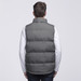 A grey puffa vest with a high collar, viewed from the back, featuring a padded design and a logo.