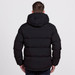 A black puffer jacket with a hood, featuring a quilted design and a visible logo on the back.