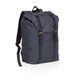 A dark grey front-side backpack with black straps and a flap closure, featuring a logo on the front.