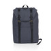 A grey front-side backpack with black straps and a flap closure. It features a logo on the front.