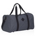 A grey duffle bag featuring sturdy black straps and a logo, designed for versatility and style.