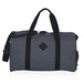 A grey duffle bag with black straps and a logo, featuring a rectangular shape and dual handles.
