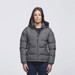 A puffer jacket in grey, featuring a hood and a zip front, worn by a model against a plain background.