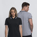 A black and grey polo shirt, featuring contrasting stripes on the collar and sleeves, with a small logo on the back.