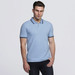 A light blue polo shirt with contrasting navy stripes on the collar and sleeves, featuring a logo.