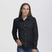 A black button-up shirt with long sleeves and a front pocket, featuring a logo on the front.