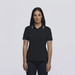 A black polo shirt with white detailing and a logo, designed for women.