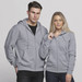A grey vintage hoodie with a zip front, featuring a hood and two front pockets, displayed on a male and female model.