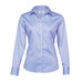 A women's button-up shirt in light blue, featuring a classic collar and long sleeves. It has a logo tag.
