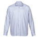 A light blue and white checked button-up shirt with a collar and long sleeves, featuring a logo.