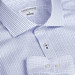 A blue and white check button-up shirt with a collar and a branding label inside.