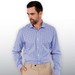 A blue and white check button-up shirt for men featuring a collar and long sleeves. The shirt has a logo.