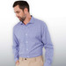 A men's button-up shirt in a blue check pattern, featuring a collar and long sleeves. It has a logo on the chest.