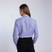 A women's button-up shirt in purple check pattern, featuring a back view and a collared neck. It has a logo.