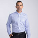 A men's button-up shirt in a light blue check pattern, featuring long sleeves and a button collar.