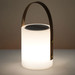 A white speaker lamp with a cylindrical shape and a brown handle, designed for both illumination and audio playback.