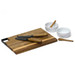 A wooden cheese board with three knives, two small bowls, and a small wooden spoon. Features a rustic finish.