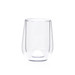 A clear glass tea cup with a modern design, featuring a rounded shape and transparent finish.