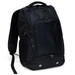 A black backpack featuring multiple zippered compartments and a sleek design, with a logo on the front.