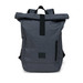 A grey roll-top backpack with adjustable straps, a front zip pocket, and a small logo patch.