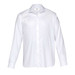 A white long-sleeved button-up shirt with a collar and a logo. Suitable for corporate wear.