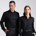 A black button-up shirt for women featuring a collar and long sleeves, paired with a man in a similar style shirt.
