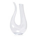 A clear glass Barolo wine decanter with a unique, curved design and two spouts.