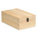 A wooden storage box in natural timber colour, featuring a metal clasp and a simple design.