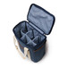 A wine cooler with a navy exterior and a striped interior, featuring several compartments and a carry handle.
