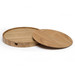 A wooden placemat set featuring six circular pieces in a light timber finish, complete with a storage tray.