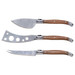 A set of three stainless steel cheese knives with wooden handles, featuring a pointed, spreading, and slicing knife.
