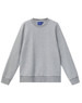 A grey unisex crew neck sweater with long sleeves and a ribbed hem, featuring a brand logo.