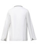 A unisex executive chef jacket in white, featuring contrasting black accents and long sleeves. The back view is displayed.
