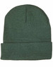 A green beanie with a textured pattern and a folded cuff, featuring a logo on the side.