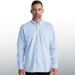 A light blue men's button-up shirt with a single chest pocket and long sleeves. It features a logo.