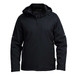 A black soft shell jacket featuring a hood, zipped pockets, and a logo on the sleeve.