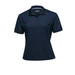 A navy women’s polo shirt with short sleeves and a collar, featuring a logo. Suitable for casual wear.