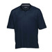 A navy blue polo shirt with short sleeves and a collar, featuring a logo on the fabric.