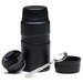 A black food jar with a lid and a small spoon, featuring a sleek design and a built-in separator.