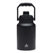 A drink bottle featuring a sleek black design with a sturdy handle and a logo on the front.
