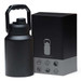 A drink bottle with a sturdy handle, featuring a matte black finish, alongside its packaging box.