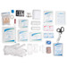 A first aid kit featuring various bandages, gauze, scissors, gloves, antiseptic wipes, and a range of medical supplies.
