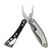 A multi-tool with silver and black components featuring pliers and several tool functions, including a logo.