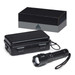 A black torch with a protective case, featuring a logo, set against a plain box background.