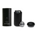 A drink bottle in matte black, alongside a cap and a sleek cylindrical container. Features a silver base and logo.