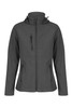 A women's soft shell jacket in dark grey, featuring a hood and zippered pockets, with a branding logo.